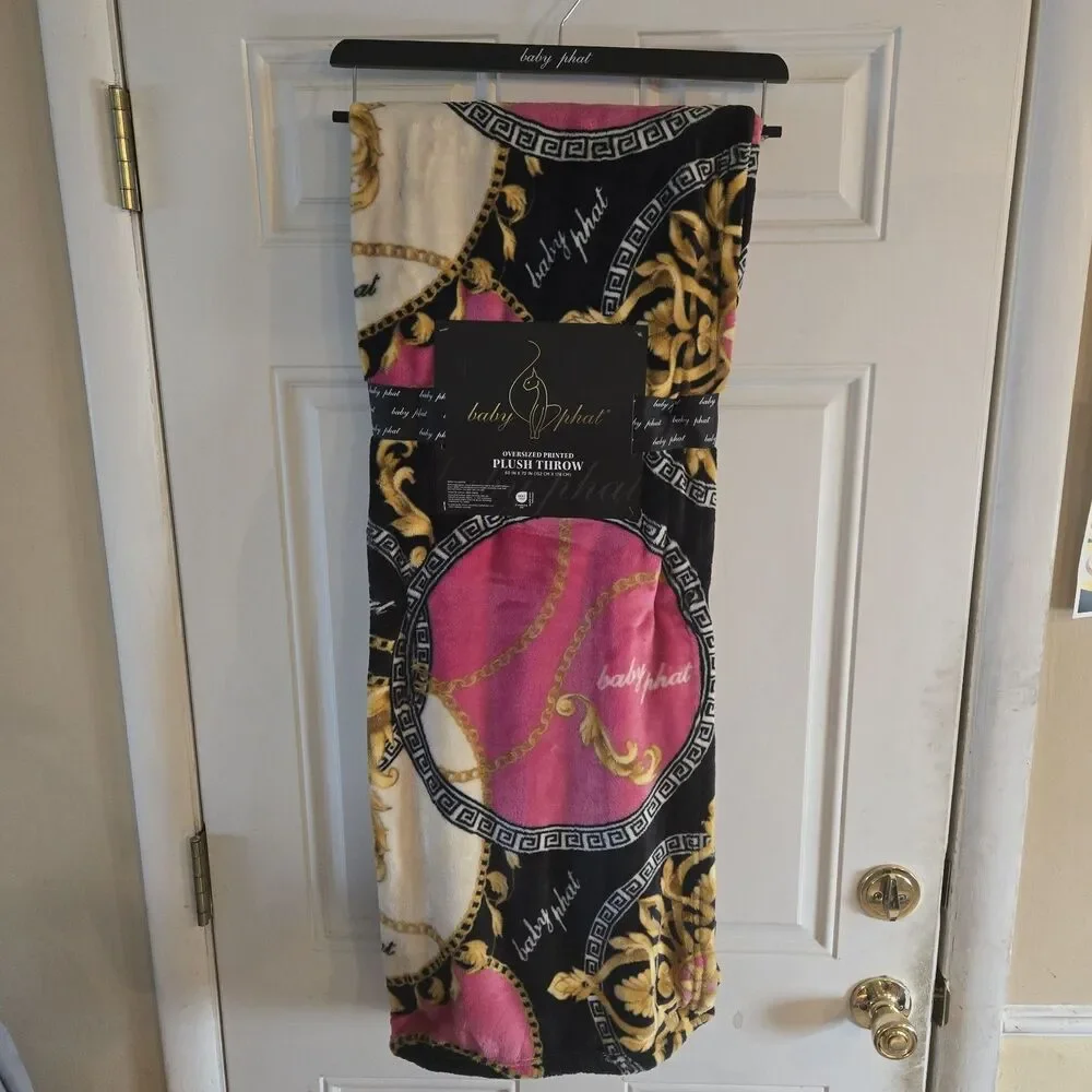 Baby Phat Blanket 60x70 Plush Throw Pink Black Gold Chain Baroque Y2K NWT